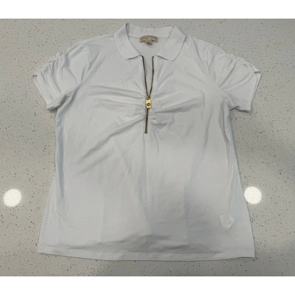 Michael Kors Polo Top Womens XL White Excellent Half Zip Ruched Chic Office